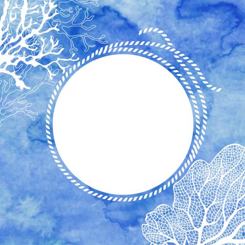 圆形相框，用海用绳索制成，带白色文字区域，蓝色水彩背景上的海藻和珊瑚